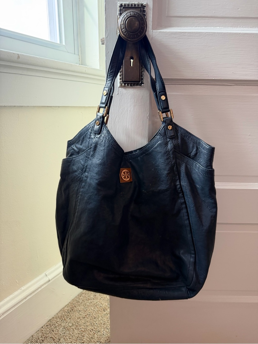 Tory Burch Navy Blue Leather Tote Bag